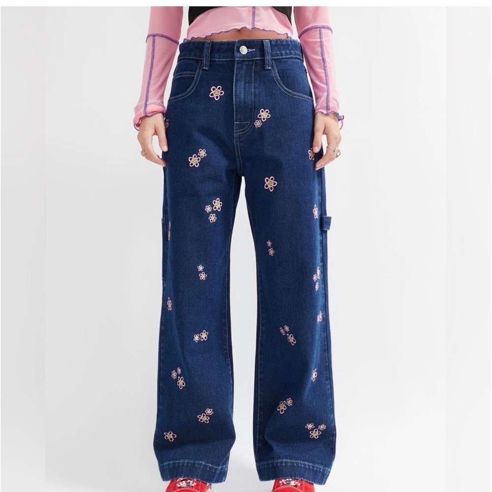 Delias Dolls Kill Embroidered Flower Carpenter Jeans Dark Wash Denim Pants S
